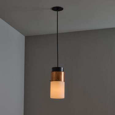 V3411 1950s Stilnovo Glass & Brass Cylindrical Pendant with Original Yellow Label Two Enli