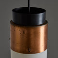 V3411 1950s Stilnovo Glass & Brass Cylindrical Pendant with Original Yellow Label Two Enli