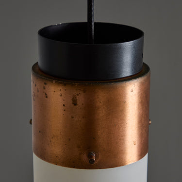 V3411 1950s Stilnovo Glass & Brass Cylindrical Pendant with Original Yellow Label Two Enli