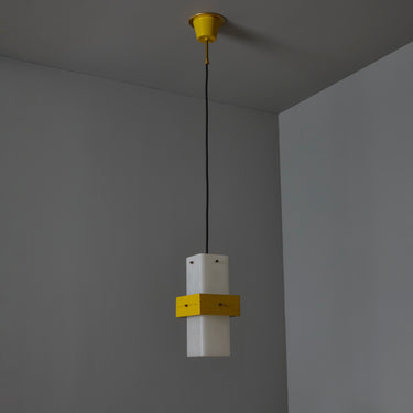 V3424 1950s Stilnovo Yellow Painted Metal Opaline Glass Suspension Lamp Two Enlighten 10.j