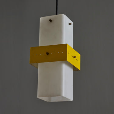 V3424 1950s Stilnovo Yellow Painted Metal Opaline Glass Suspension Lamp Two Enlighten 14.j