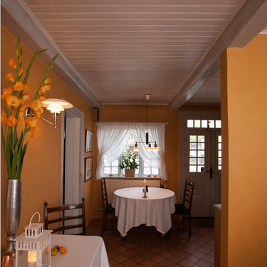 Poul Henningsen 'PH 3-2' Opal Glass and Chrome Wall Lamp for Louis Poulsen two enlighten lit lifestyle dining room 