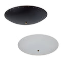 Two round midcentury flush mount perforated metal ceiling lights, one black and one white, on a white background.