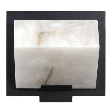 Decorative wall sconce with alabaster finish and black frame on a white background