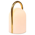 Table lamp with gold base and white shade on a white background