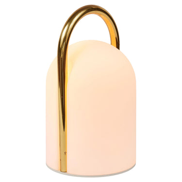 Table lamp with gold base and white shade on a white background