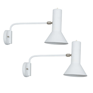 Two white wall lamps with adjustable arms on a white background