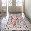 Decorative rug with geometric pattern on a tiled floor in a room with large windows.
