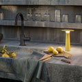 Modern kitchen sink area with black faucet, lemon, cutting board, and yellow lamp.
