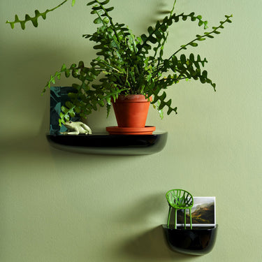black wall shelves on a green wall 