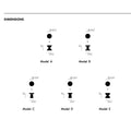 Diagram of five models labeled A to E with dimensions on a white background
