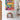 Colorful abstract art piece on a white wall with a striped stool or bench in front.