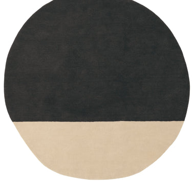 Round rug with black top half and beige bottom half on a white background