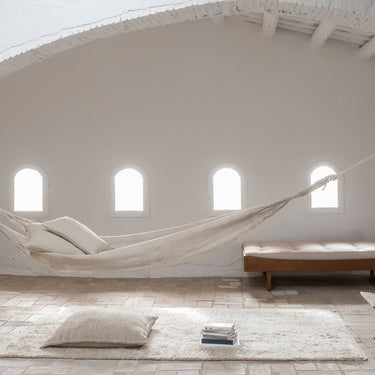 Hammock in a minimalist room with white walls, wooden floor, and plants.