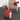 Color-blocked ottoman in front of a woven chair with a red blanket and potted plants on a gray carpet.