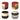four colorful pouf ottomans in warm colors and black and white on white background