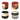 four colorful pouf ottomans in warm colors and black and white on white background