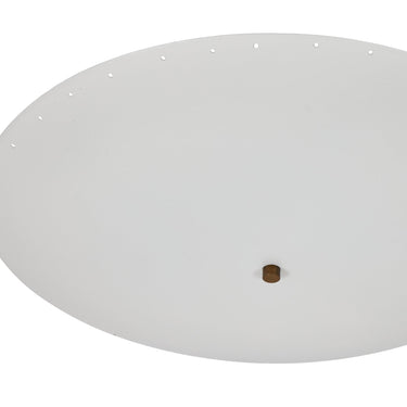 Round white ceiling light fixture on a white background