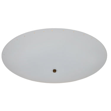 Round white ceiling light fixture on a white background