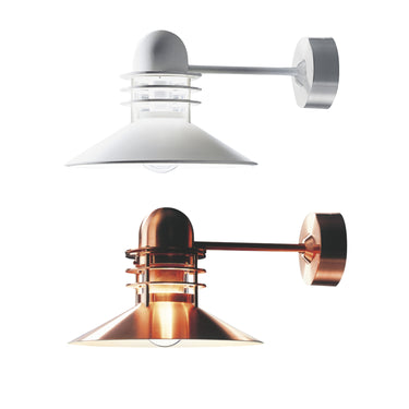Poulsen Nyhavn outdoor wall-mounted light fixture with white and copper finishes on a white background