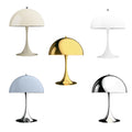 Set of five table Verner Panton Panthella table lamps in different colors on a white background