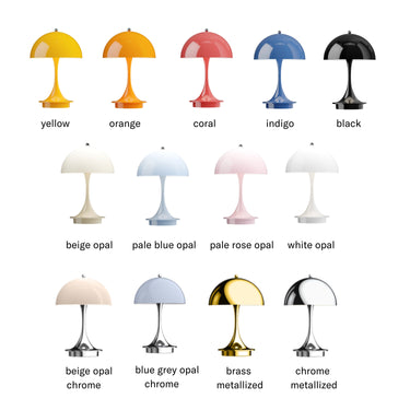 Collection of table lamps in various colors and finishes on a white background