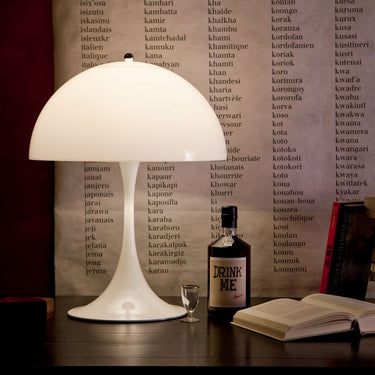 White lampshade on a table with a bottle, books, and an open book against a background of text.