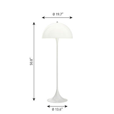 White floor lamp with dimensions indicated on a white background