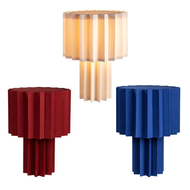 plissé pleated table lamp in white burgundy and blue pack shot two enlighten