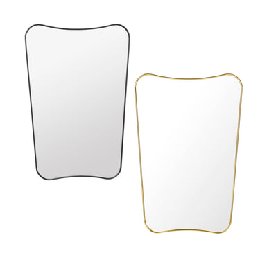 Two rectangular gio ponti curved mirrors, one with a black frame and the other with a gold frame, on a white background.