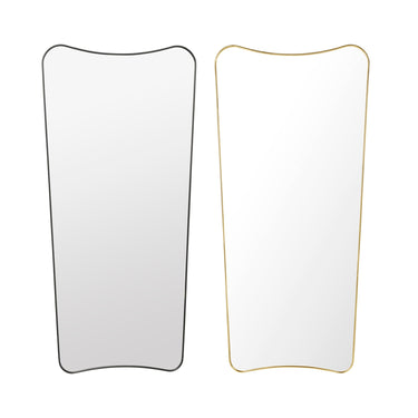 Two rectangular GUBI Gio pointi mirrors with black and polished brass frames on a white background