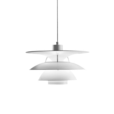 PH 5-4½ white louise poulsen  pendant lamp with layered design on a white background