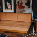 Brown sofa with a lamp and framed artwork in a room setting