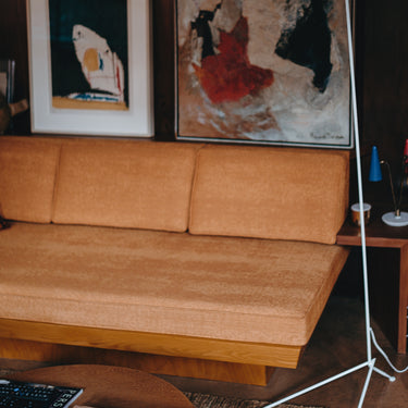 Brown sofa with a lamp and framed artwork in a room setting