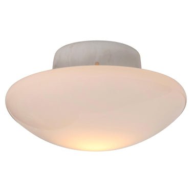 Ceiling light fixture with a beige shade on a white background