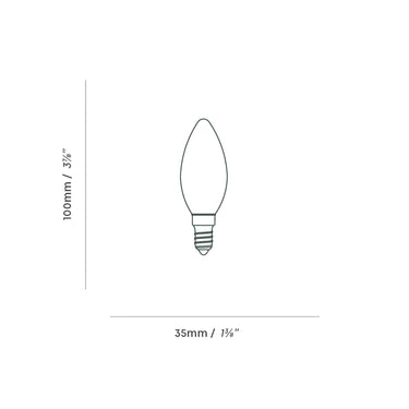 Diagram of a light bulb with dimensions labeled on a white background