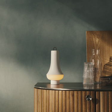 Louis poulsen white Tomoshi white lantern on a kitchen counter