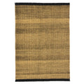 Textured yellow ochre rug with a black border on a white background