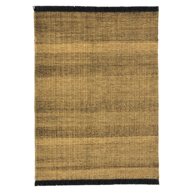 Textured yellow ochre rug with a black border on a white background
