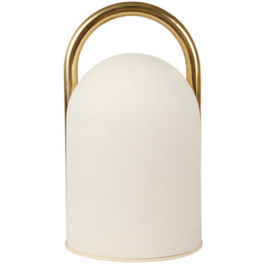 Table lamp with white shade and gold metal handle on a white background