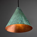 M5783 low voltage tratten pendant Verdigris patina two enlighten with polished copper interior