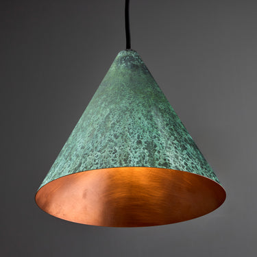 M5783 low voltage tratten pendant Verdigris patina two enlighten with polished copper interior