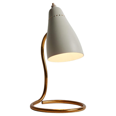 Ostuni white Table lamp with a gray cone-shaped shade and gold curved base on a white background
