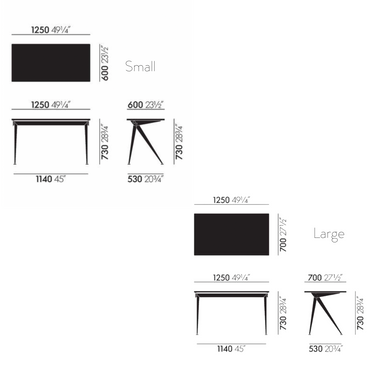 Dimensions of small and large prouve compas direction desks with measurements in millimeters and inches.