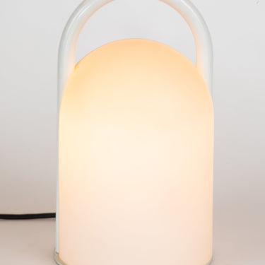 white 1980s rounded glass lamp with metal handle by romolo lanciani